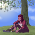 Very mournful looking girl sits on the grass beneath a tree that is bursting with springtime leaves. The sun is shining but she looks extremely downcast