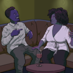 Sitting at a low table in a bar, a smiling woman holding a drink rests her hand on a guy's knee. He's visibly laughing and cracking a huge smile, pointing at her as if in acknowledgement at the great joke she's just made.