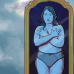 Woman in her knickers with her arms folded protectively across her chest, stands in front of a mirror with a pensive/worried/sad look on her face, as if she is scrutinising her body