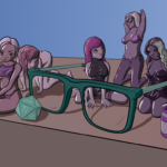 Collection of tiny sexy Warhammer-style dolls lounging in various slutty positions next to a pair of glasses, a D20 and a small purple paint pot