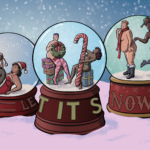Three cute little snowglobes, each containing a sexy festive scene. In the first, a lady in a santa's helper costume with stockings holds up a Christmas pudding with attached cuff, in the next two hot people sit on presents - one is wearing stockings and the other nipple pasties. The latter is humping a candy cane, the former holds a wreath in front of their nakedness. In the final globe, an almost-naked person in scarf and g-string looks coquettish as their companion (in a red and white-fur-trimmed miniskirt, plus elf hat) playfully slips something into the g-string. Each snowglobe bears the legend 'let it snow', but the globes are all turned around to different points on the circle, so together the words spell out 'le tits now'
