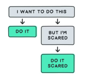 Flow chart with bubbles, first one says 'I want to do this' and two brances. The first branch says 'do it', the second branch says 'but I'm scared'. Leading off that second branch is another bubble which reads 'do it scared'