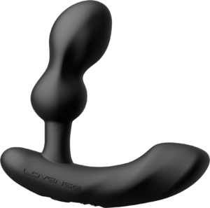 Black prostate massager with slim neck and two bumps in the insertable part for texture. The part that sits against the perineum is narrow at the back but with a ridged bump at the front to give pressure at the front of the perineum