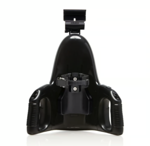 Futuristic-looking black mount to hold a Fleshlight, with grab handles either side and a phone holder at the top