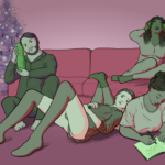 A chill Christmas morning round the tree, a group of people play with their latest gifts - one is writing sexy stories in a notebook, another is looking gleeful as she listens on headphones to audio porn. One is holding a package up to try and guess what's inside, and another lounges in her knickers playing with a brand new Doxy