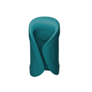 Teal-coloured wraparound penis vibrator with a pad that sits towards the top of the opening where the frenulum would sit. Toy looks like a tube but open with a slit so you can squeeze for more pressure