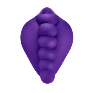 Purple vvulva-shaped toy with a line of soft/round bumps running down the centre for you to grind your clit against