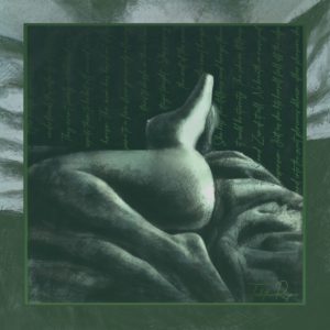 Gorgeous silk scarf depicting a drawing of a naked woman stretching on a bed, around which are written sexy words in beautiful calligraphy