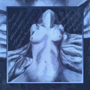 Gorgeous blue silk scarf with calligraphy sexy words and in the centre an illustration of a naked woman seen from the front with her head thrown back and her tits presented to the viewer