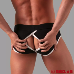 Image of the back of a man, wearing black briefs with a white slit in the back that he is parting suggestively with his hands