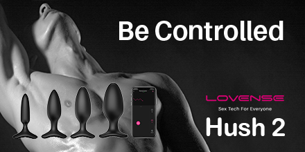 Banner showing four graded butt plug sizes, and a woman throwing her head back in pleasure with the tagline 'be controlled' - Hush 2