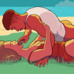 Bathed in warm sunshine, two people tumble in the grass together, the one on top in a sexy white vest top, naked from the waist down, buried inside the person on the bottom who is in a sundress, open-mouthed, licking the other person's fingers