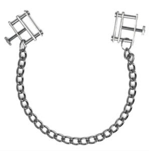 Silver chain with nipple clamps at each end - the screw kind which you can adjust to the perfect clamp setting
