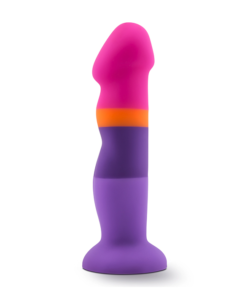 Thick pink/orange/black/purple dildo with a ridged head and another pronounced ridge/dent halfway down the shaft
