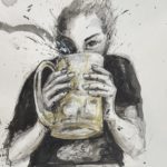 Panting of GOTN holding a litre stein of beer in both hands, looking over the rim of the huge glass with smiling eyes