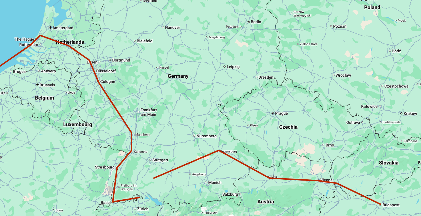 Map of Europe with a very vague line drawn from Hook of Holland through Leiden then Arnhem and down following the Rhine river to Basel, then Schaffhausen. And another line that starts in Ulm and meanders down to Budapest