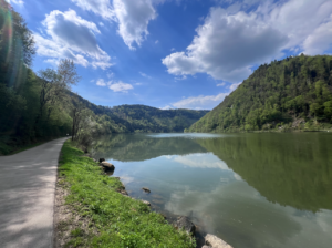 Stunning smooth wide river with hills/mountains either side covered in trees. Smooth cycle path directly next to the river itself. Blue sky with white fluffy clouds