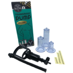 Green box with line drawing of a trans guy on the front and the words 'transmasc pump' on the front. In front of the box are three different siized plastic cylinders, and the trans masc pump itiself - a black plastic pump with trigger mechanism to pump air from the cylinders