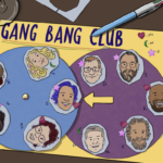 A homemade chart with two spinnable paper wheels, one of women's faces and one of men's faces. There are pens around the chart on the table, and the chart is labelled 'gang bang club'. In the right-hand corner there's a little key with stickers that have letters next to them (red heart = APD, green crescent = NK, pink star = BC). The faces on the chart all look smiley